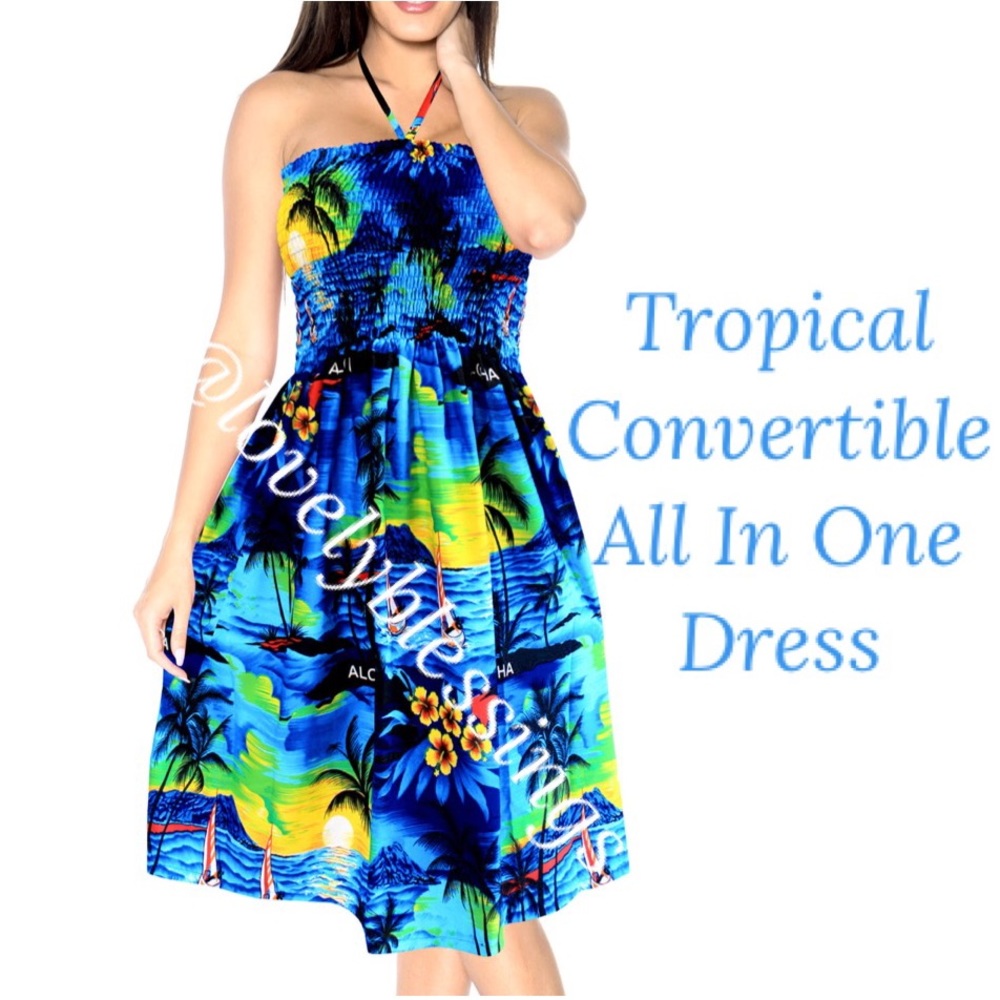 Tropical Pattern Dress Halter Backless Strapless Tube Top Summer Beach Sundress